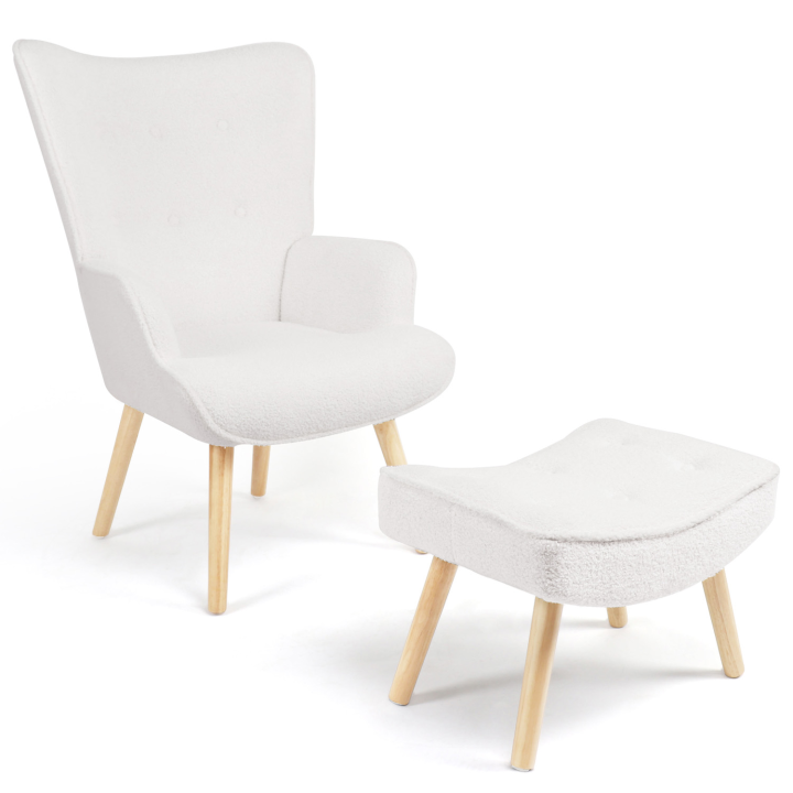 Fauteuil scandinave IVAR avec repose pieds en tissu bouclette blanc