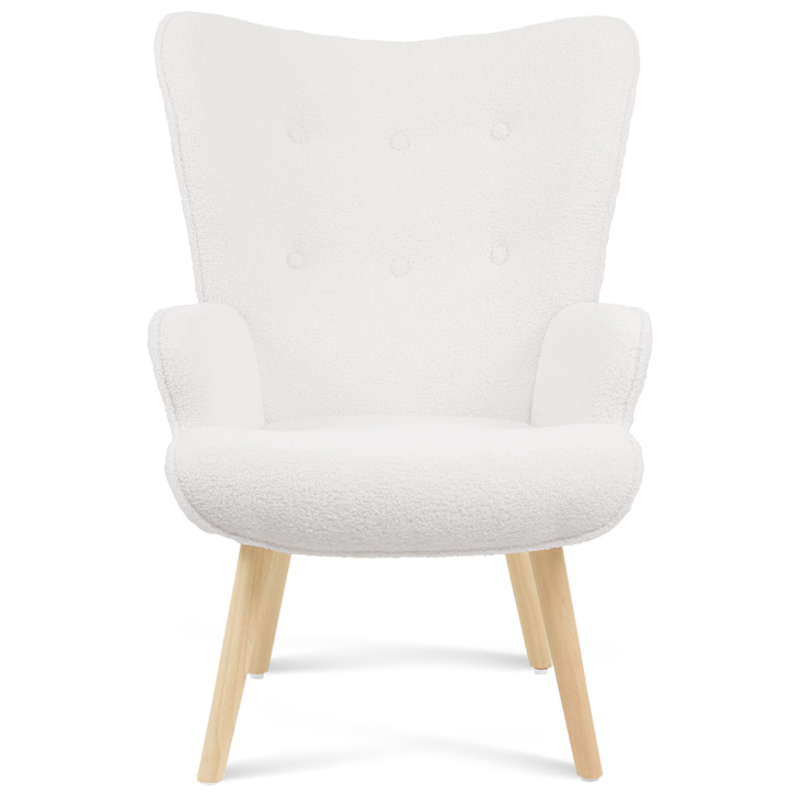 Fauteuil scandinave IVAR avec repose pieds en tissu bouclette blanc