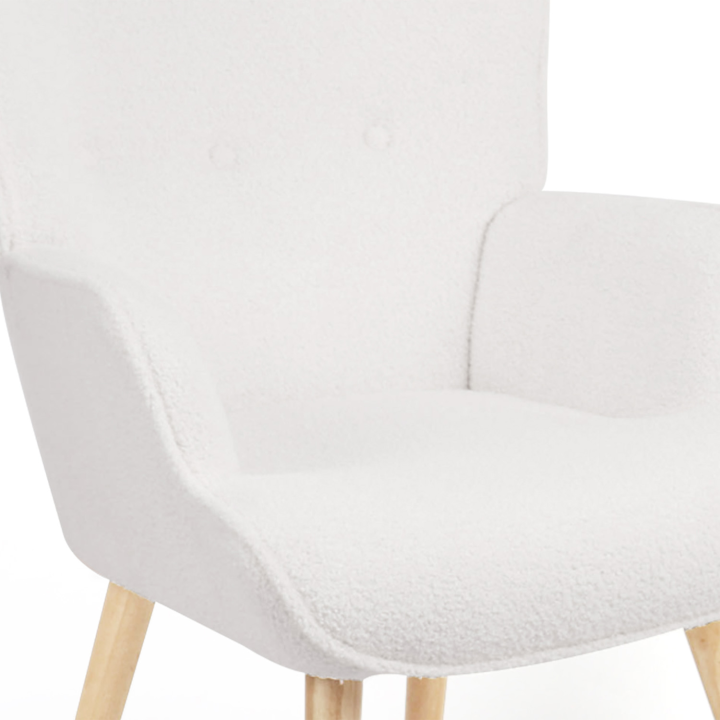 Fauteuil scandinave IVAR avec repose pieds en tissu bouclette blanc