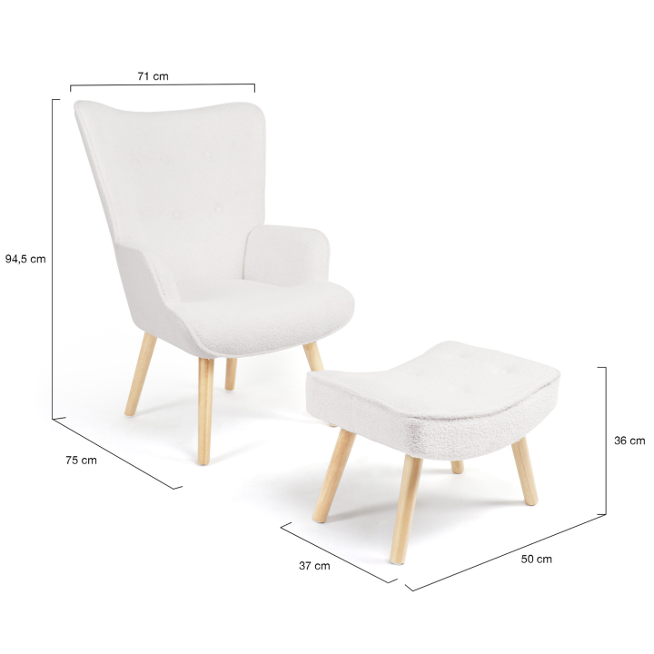 Fauteuil scandinave IVAR avec repose pieds en tissu bouclette blanc