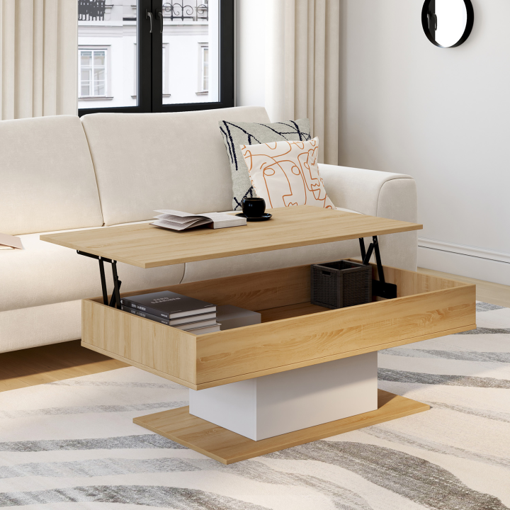 Table basse plateau relevable EDEN bois et blanc