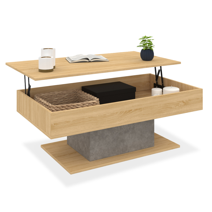 Mesa de centro elevable EDEN en madera de haya y aspecto de hormigón