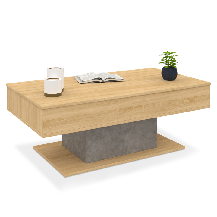 Mesa de centro elevable EDEN en madera de haya y aspecto de hormigón