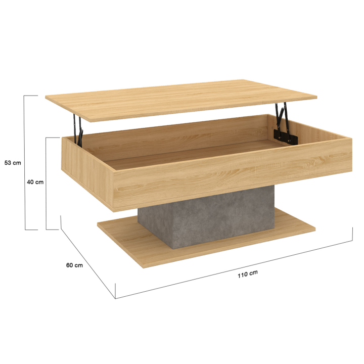 Mesa de centro elevable EDEN en madera de haya y aspecto de hormigón