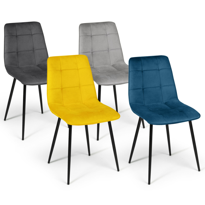 Lot de 4 chaises MILA en velours mix color bleu, gris clair, gris foncé, jaune