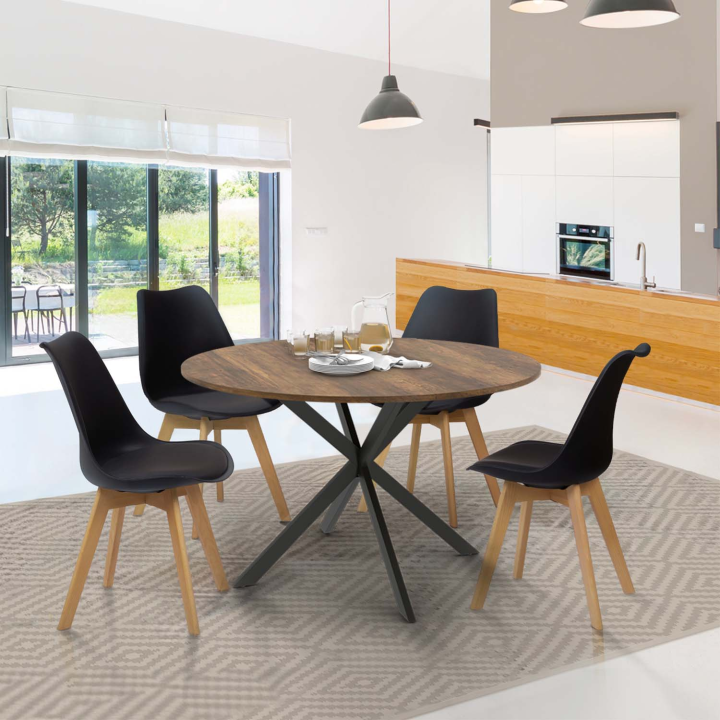 Mesa de comedor redonda 120 cm madera oscura y negra (4-6 personas) - ALIX | ID Market