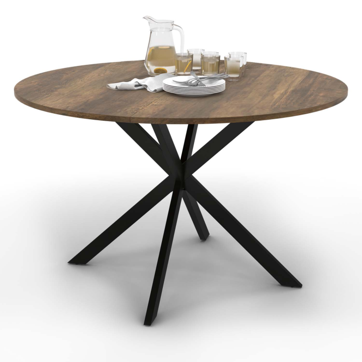 Mesa de comedor redonda 120 cm madera oscura y negra (4-6 personas) - ALIX | ID Market