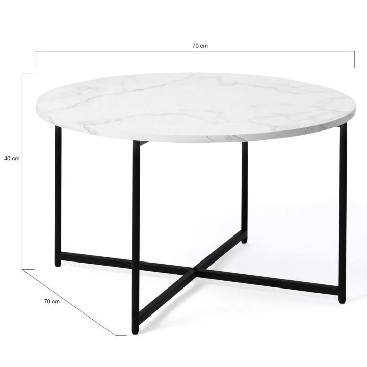 Table basse ALASKA ronde 70 cm effet marbre et pied métal noir