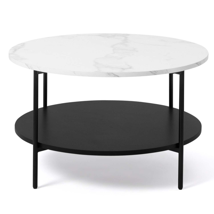 Table basse ronde double plateau ALASKA effet marbre et bois noir 70 cm