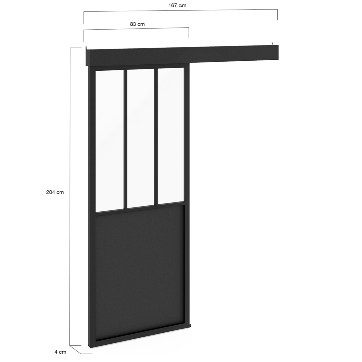 Kit porte coulissante verrière 83 cm en métal + MDF avec rail et fixations