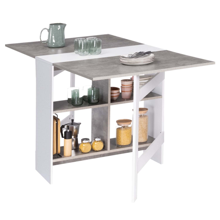 Table console pliable EDI 2-6 personnes avec rangements blanc plateau effet béton 150 x 80 cm