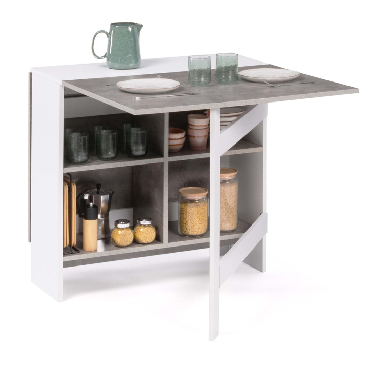 Table console pliable EDI 2-6 personnes avec rangements blanc plateau effet béton 150 x 80 cm