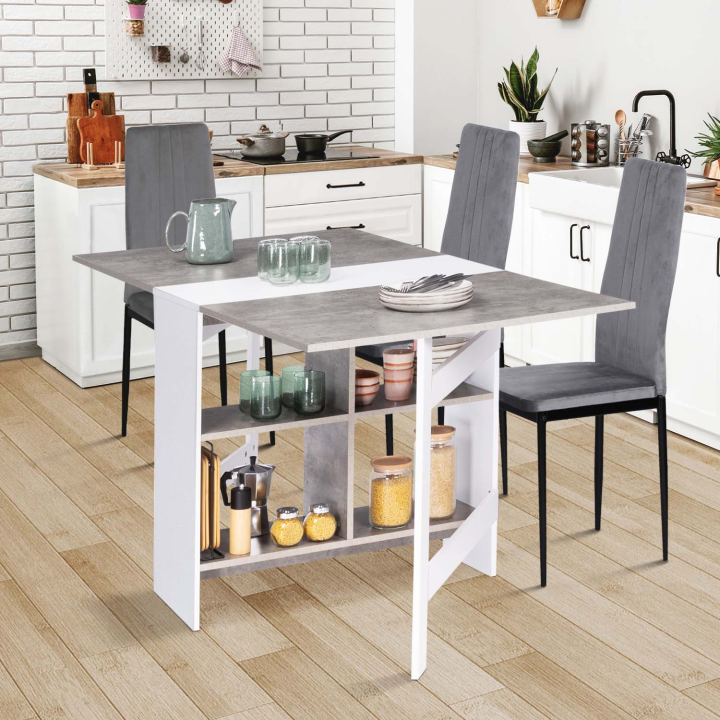 Table console pliable EDI 2-6 personnes avec rangements blanc plateau effet béton 150 x 80 cm