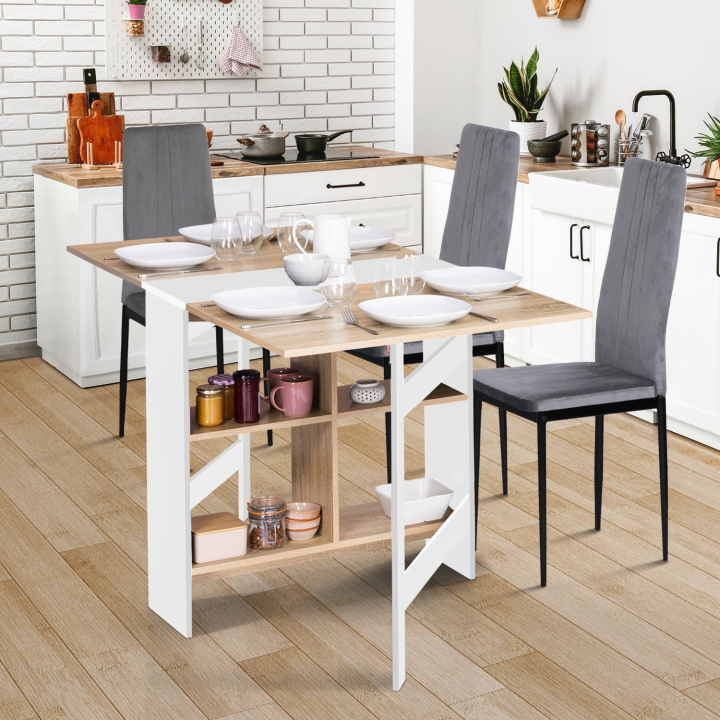 Table console pliable EDI 2-6 personnes avec rangements bois blanc plateau façon hêtre 150 x 80 cm