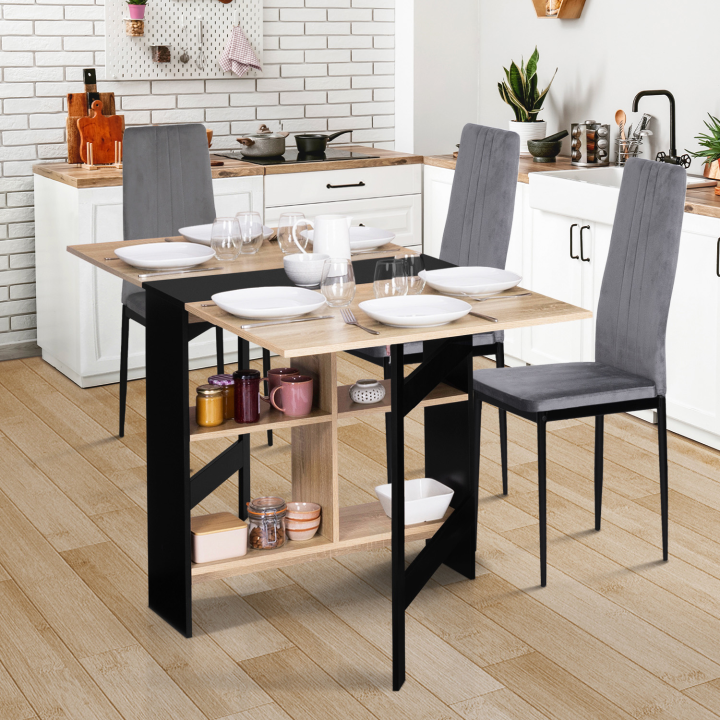 Table console pliable EDI 2-6 personnes avec rangements bois noir plateau façon hêtre 150 x 80 cm