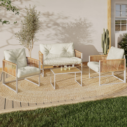 Salon de jardin bas RIO 4 places structure métal blanc, cordage rotin clair et coussins beige