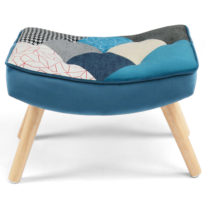 Fauteuil scandinave IVAR avec repose pieds en tissu patchwork et velours bleu