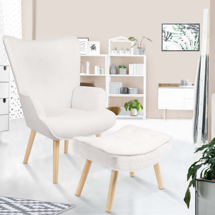 Fauteuil scandinave IVAR avec repose pieds en tissu bouclette blanc