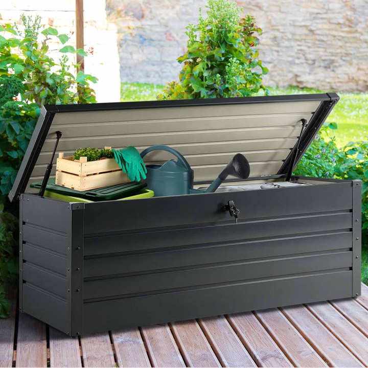 Caja de jardín metálica con cerradura gris carbón 600L | ID Market