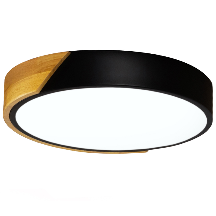 Plafonnier rond avec LED noir et effet bois diamètre 32 cm