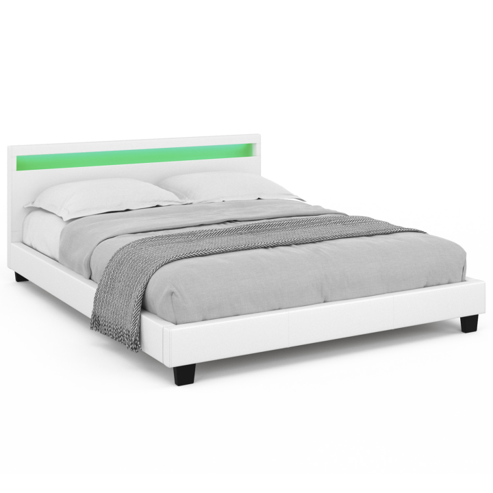 Cama doble PVC blanco 160x200 con somier y LED - NEO | ID Market