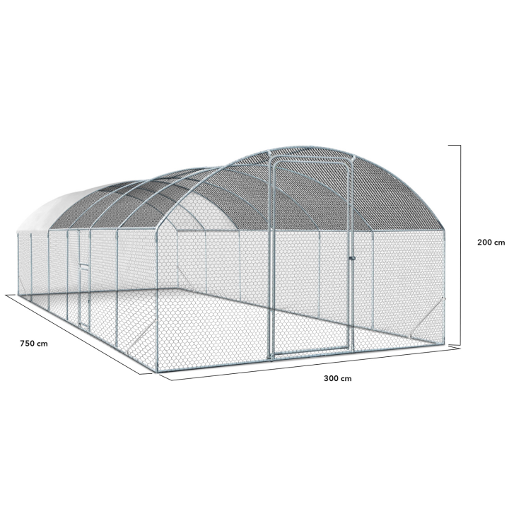 Enclos poulailler dôme 22,5 m² parc grillagé 3x7,5 M avec porte latérale