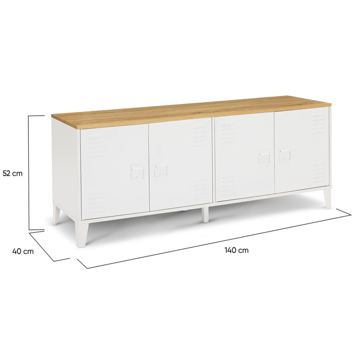 Buffet bas 140 cm ESTER 4 portes métal blanc plateau bois design industriel