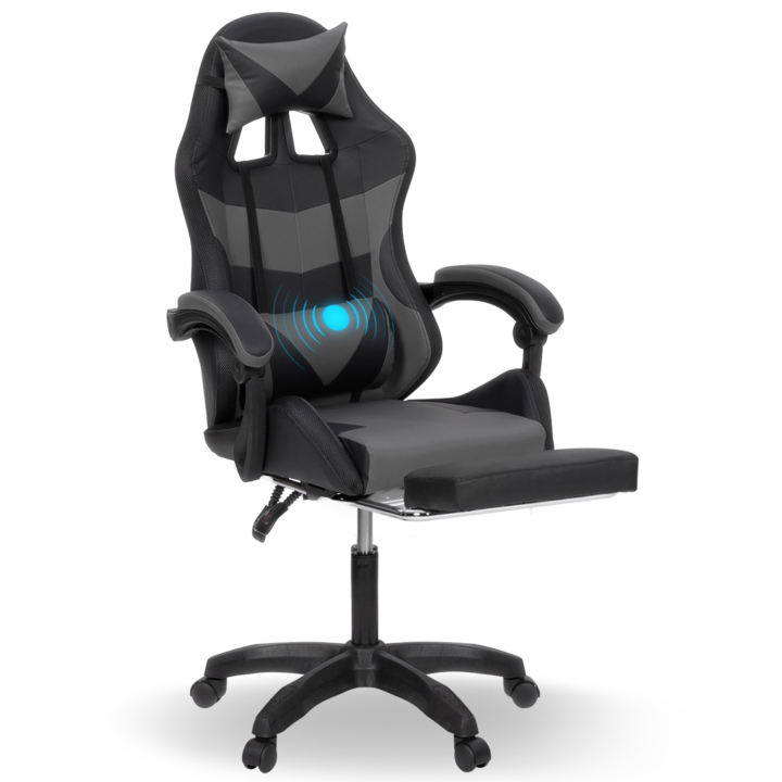 Fauteuil de gaming CHUCK  avec repose-pied, coussin de tête et support lombaire massage noir et gris