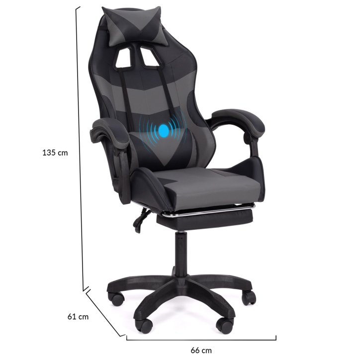 Fauteuil de gaming CHUCK  avec repose-pied, coussin de tête et support lombaire massage noir et gris