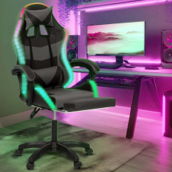 Fauteuil de gaming LED LUC avec repose-pied, coussin de tête et support lombaire noir et gris