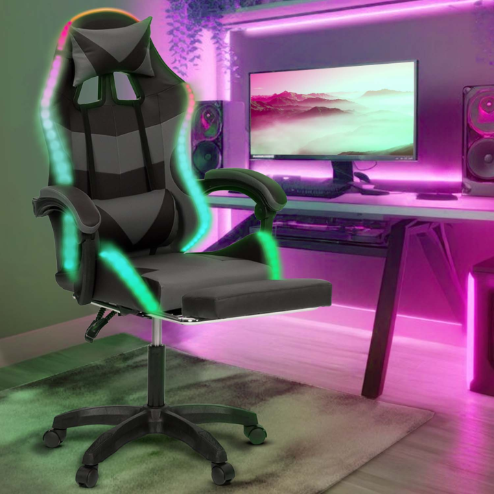 Silla gaming LED negra y gris con reposapiés, reposacabezas y cojines lumbares - LUC | ID Market