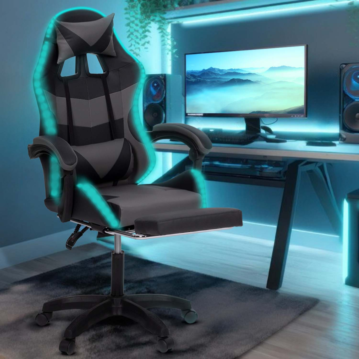 Fauteuil de gaming LED LUC avec repose-pied, coussin de tête et support lombaire noir et gris