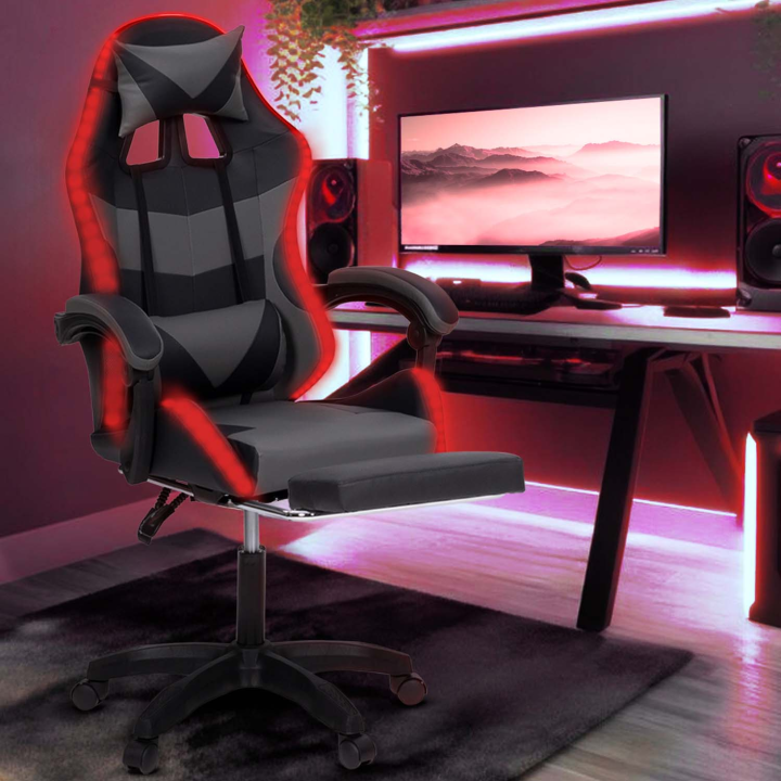 Fauteuil de gaming LED LUC avec repose-pied, coussin de tête et support lombaire noir et gris