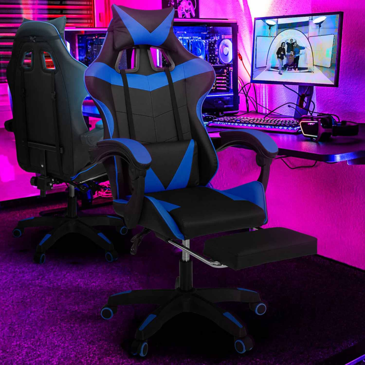 Fauteuil de gaming ALEX réglable avec repose-pied, coussin de tête et coussin lombaire noir et bleu