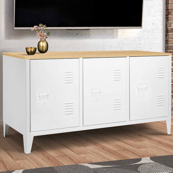 Buffet bas 113 cm ESTER 3 portes métal blanc plateau bois design industriel