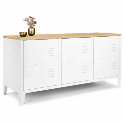 Cómoda baja de metal blanco con 3 puertas y encimera de madera de 113cm - ESTER | ID Market