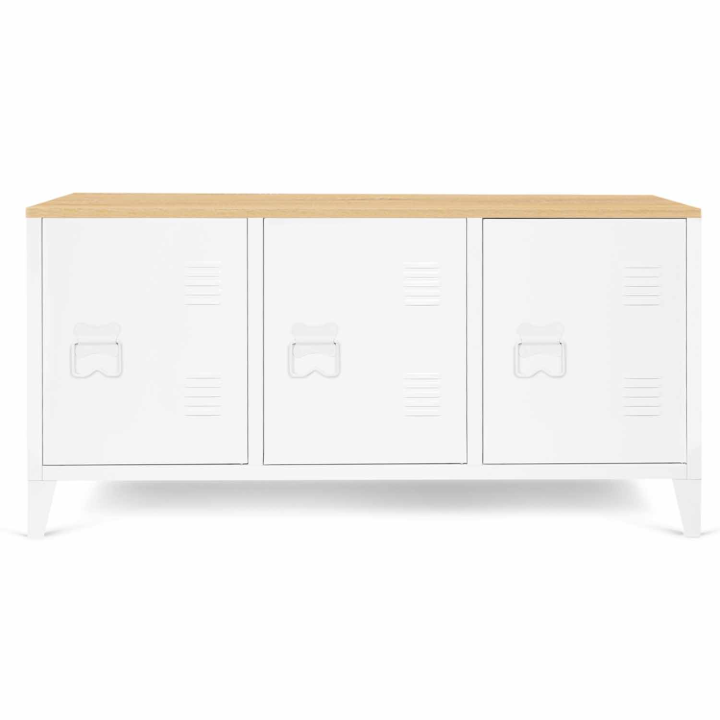 Cómoda baja de metal blanco con 3 puertas y encimera de madera de 113cm - ESTER | ID Market