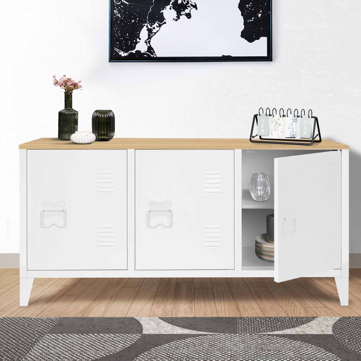 Buffet bas 113 cm ESTER 3 portes métal blanc plateau bois design industriel