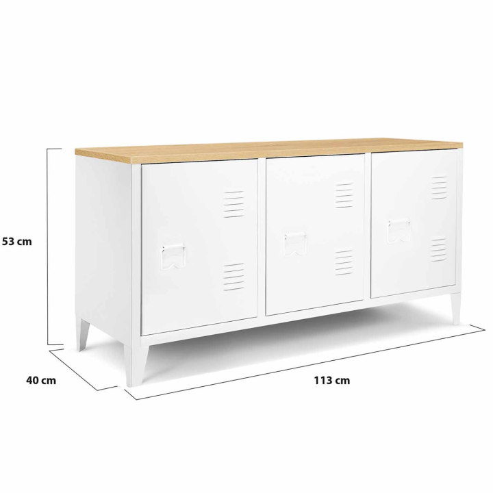 Buffet bas 113 cm ESTER 3 portes métal blanc plateau bois design industriel