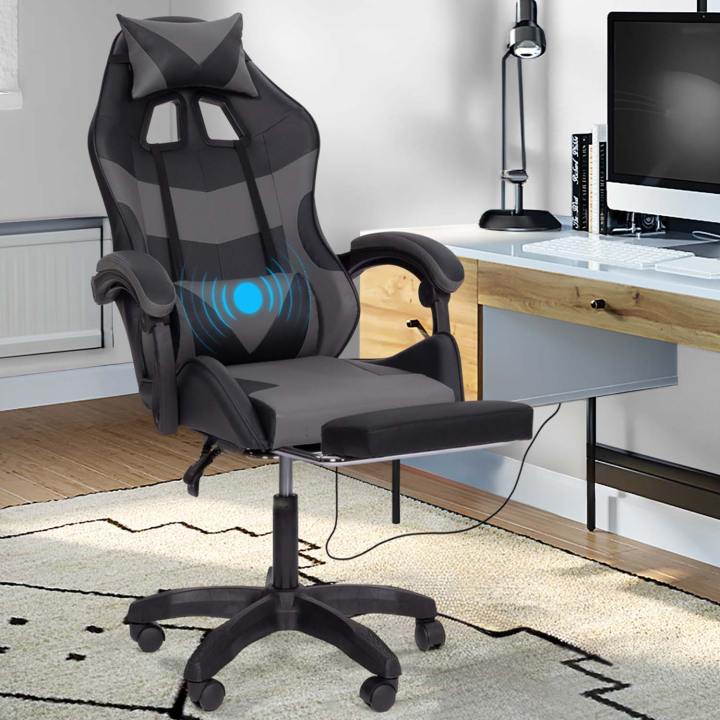 Fauteuil de gaming CHUCK  avec repose-pied, coussin de tête et support lombaire massage noir et gris