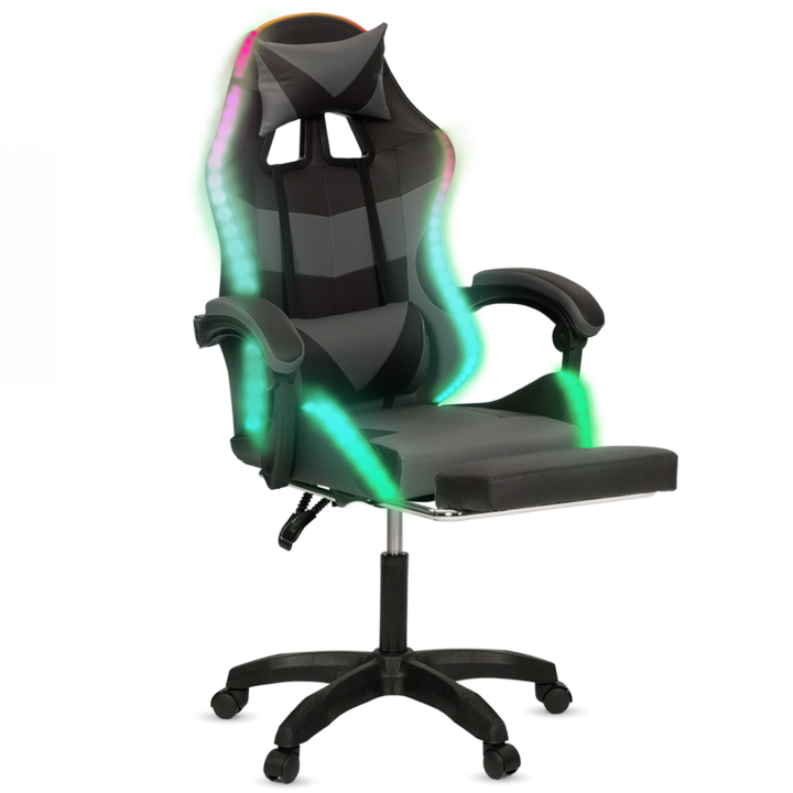 Fauteuil de gaming LED LUC avec repose-pied, coussin de tête et support lombaire noir et gris