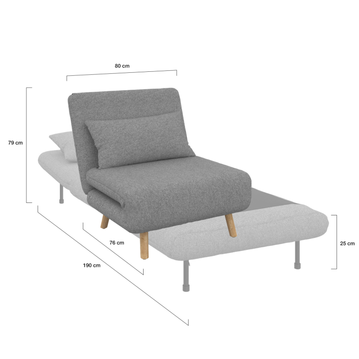 Fauteuil convertible ROMEO lit d'appoint 1 place 80x190 cm tissu gris clair