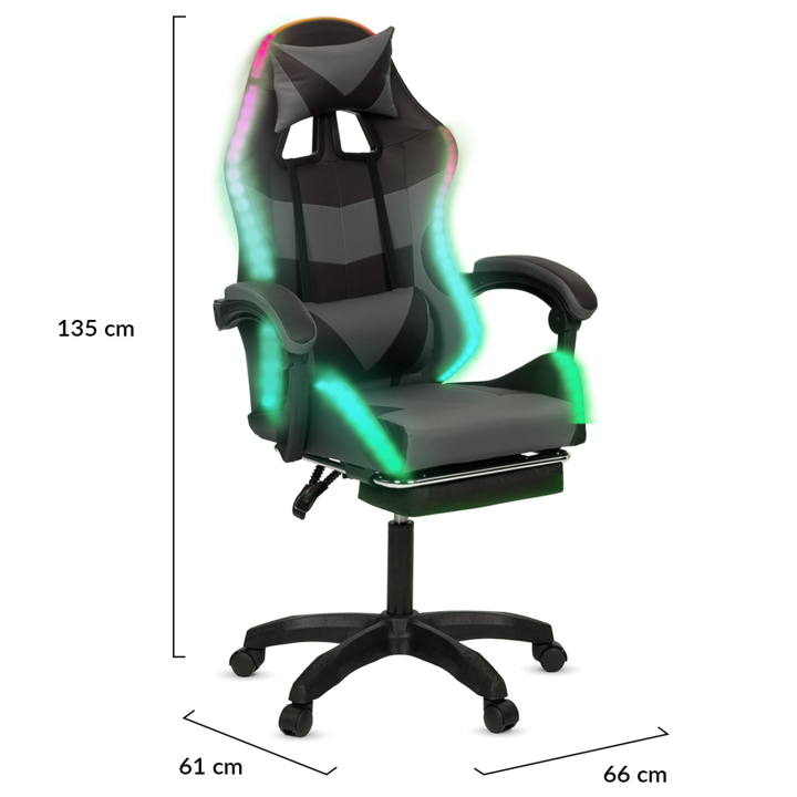 Silla gaming LED negra y gris con reposapiés, reposacabezas y cojines lumbares - LUC | ID Market