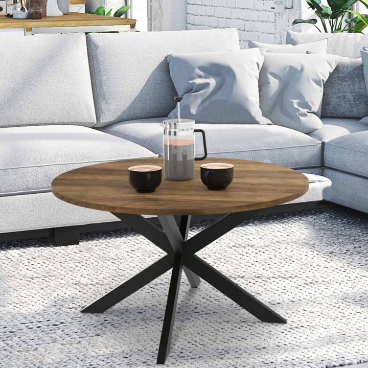 Table basse ronde ALIX plateau HAWKINS pied araignée 70 cm bois foncé design industriel