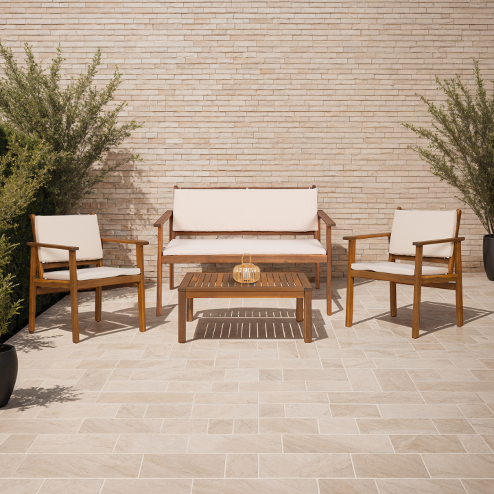 Salon de jardin bas JAKARTA 4 places en acacia avec coussins beige