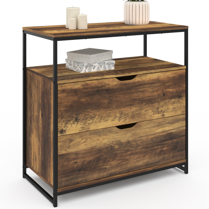 Commode 2 tiroirs HAWKINS 80 cm bois foncé design industriel avec étagère