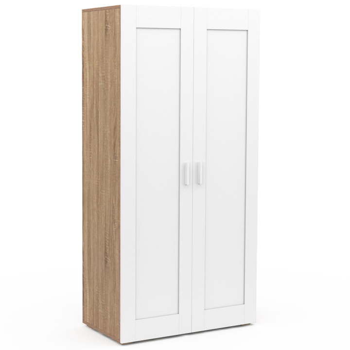 Armoire 2 portes VITO blanc et bois penderie 80 cm avec étagères rangement maxi capacité