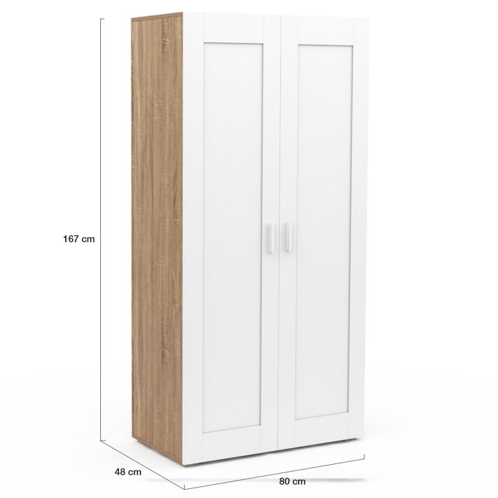 Armoire 2 portes VITO blanc et bois penderie 80 cm avec étagères rangement maxi capacité