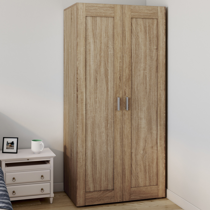 Armoire 2 portes VITO bois et noir penderie 80 cm avec étagères rangement maxi capacité