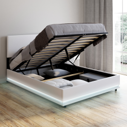 Cama doble arcón PVC blanco 140x190 con somier y LED - OWEN | ID Market